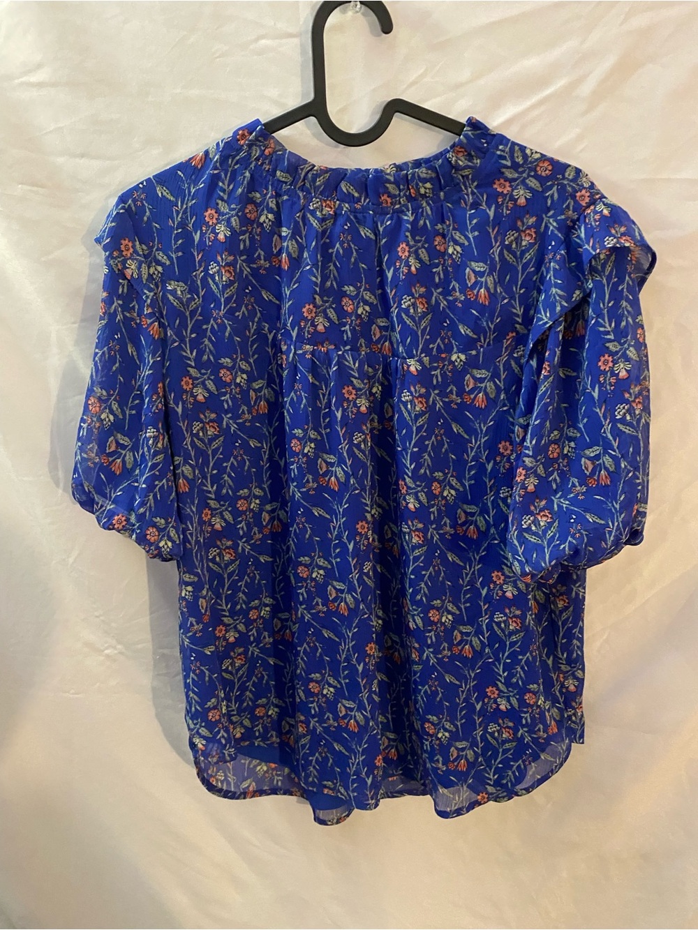 LOFT Blue Floral Ruffle Neck Puffed Sleeve Blouse - Size L
